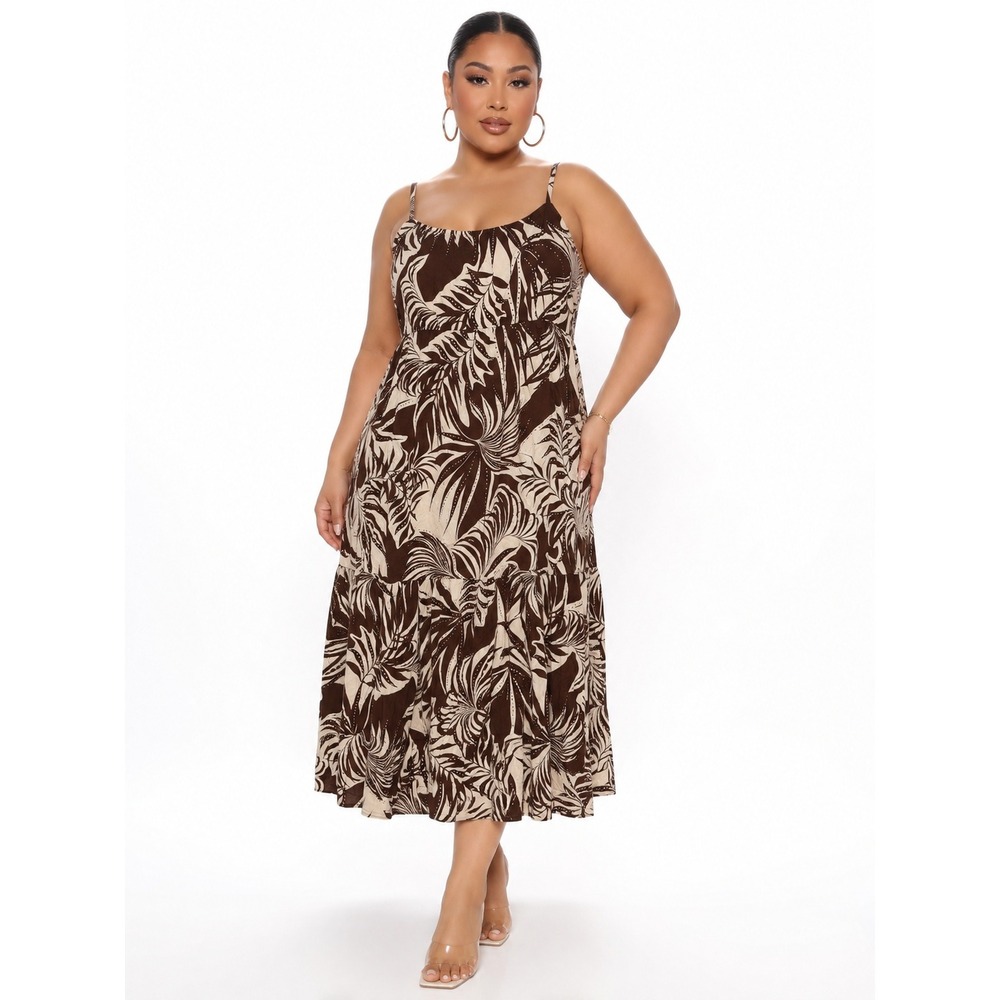 Sanctuary Brooke Midi Dress XXL Brown Tropical Palm Print Smocked Tiered Rayon